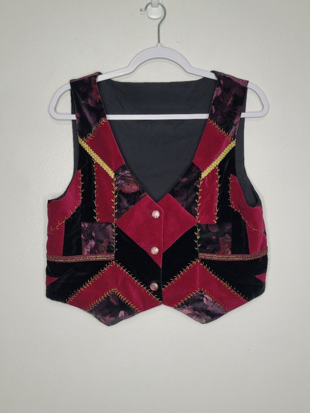 Velvet mixed print patchwork whimsy grunge witchy button front crop vest